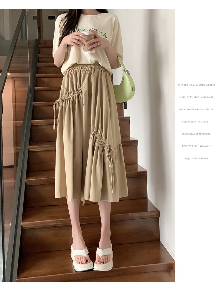 High Waist Plain Drawstring Midi A-Line Skirt SpreePicky