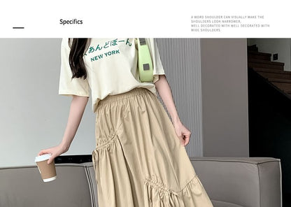 High Waist Plain Drawstring Midi A-Line Skirt SpreePicky