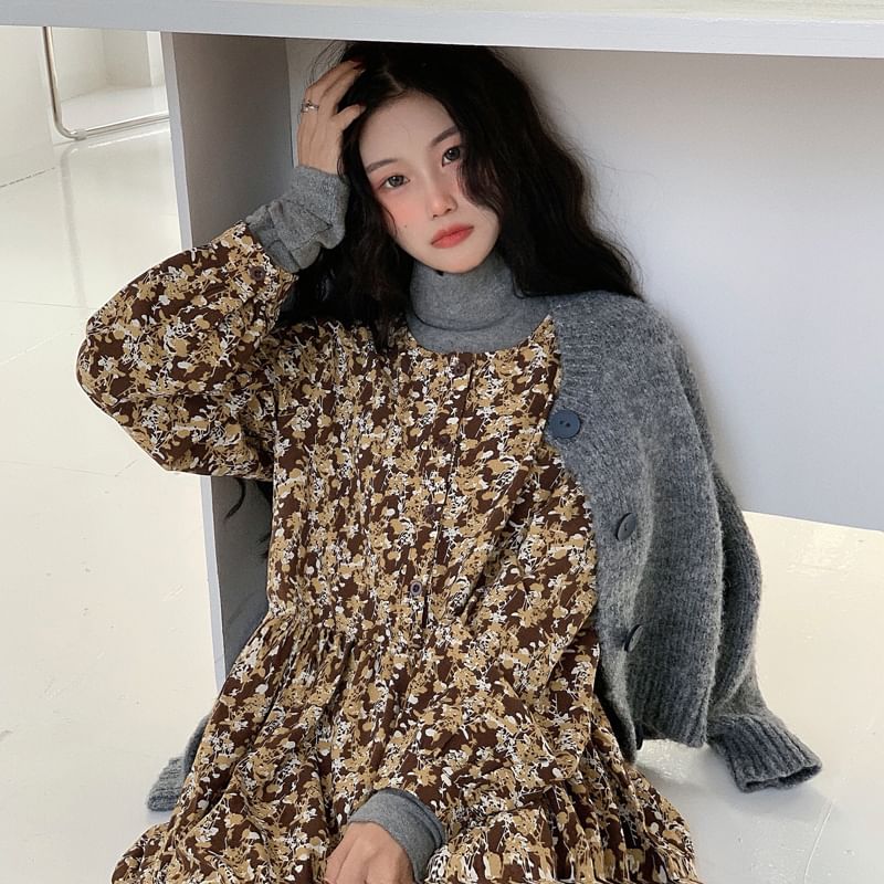 Long-Sleeve Floral Midi Smock Dress SpreePicky