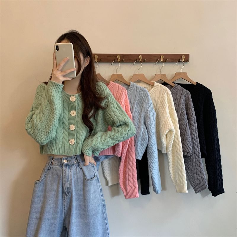 Plain Cable-Knit Cropped Cardigan SpreePicky