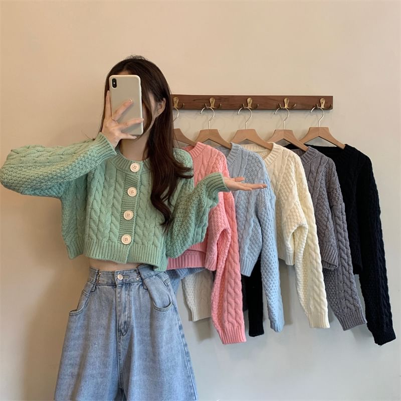 Plain Cable-Knit Cropped Cardigan SpreePicky