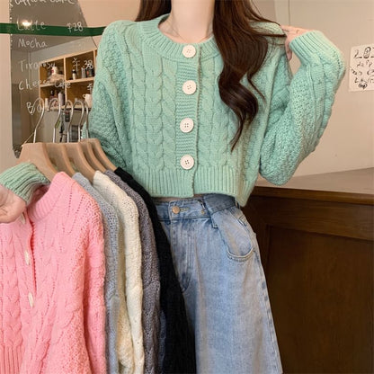 Plain Cable-Knit Cropped Cardigan SpreePicky