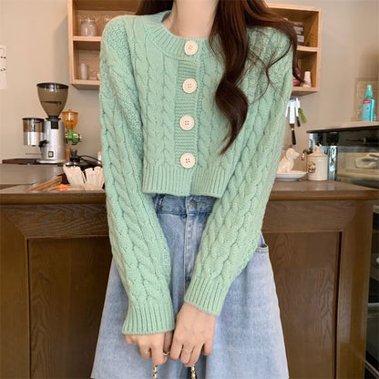 Plain Cable-Knit Cropped Cardigan SpreePicky