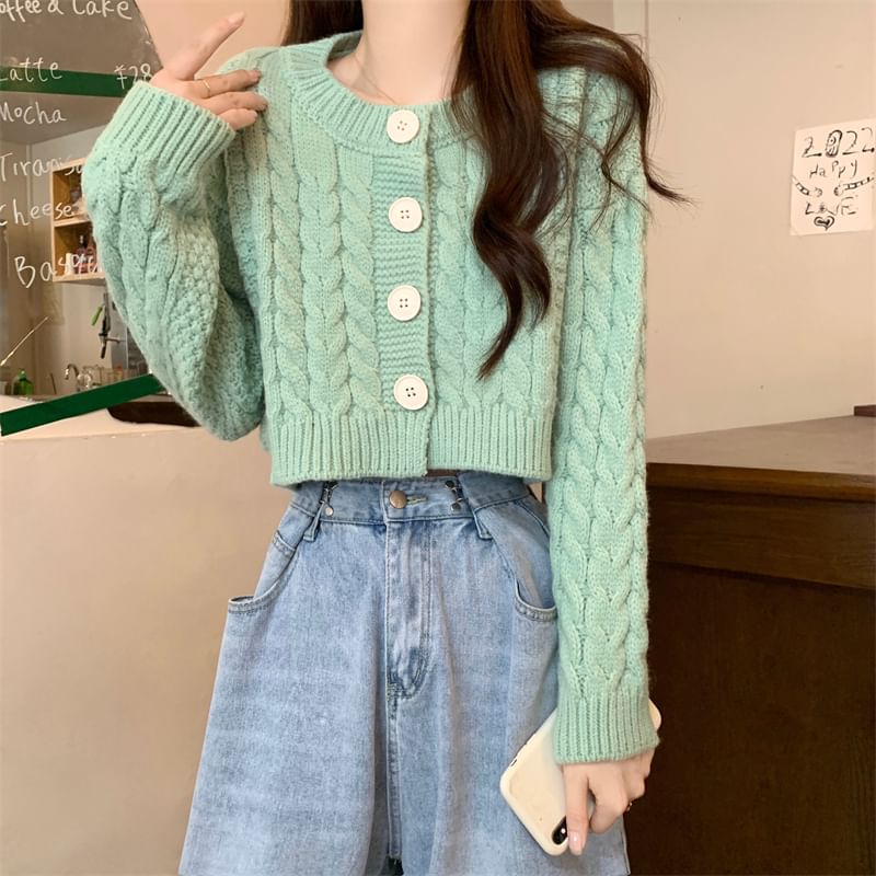 Plain Cable-Knit Cropped Cardigan SpreePicky