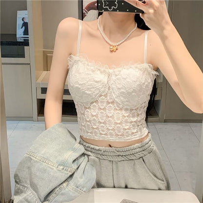 Floral Lace Trim Cropped Camisole SpreePicky