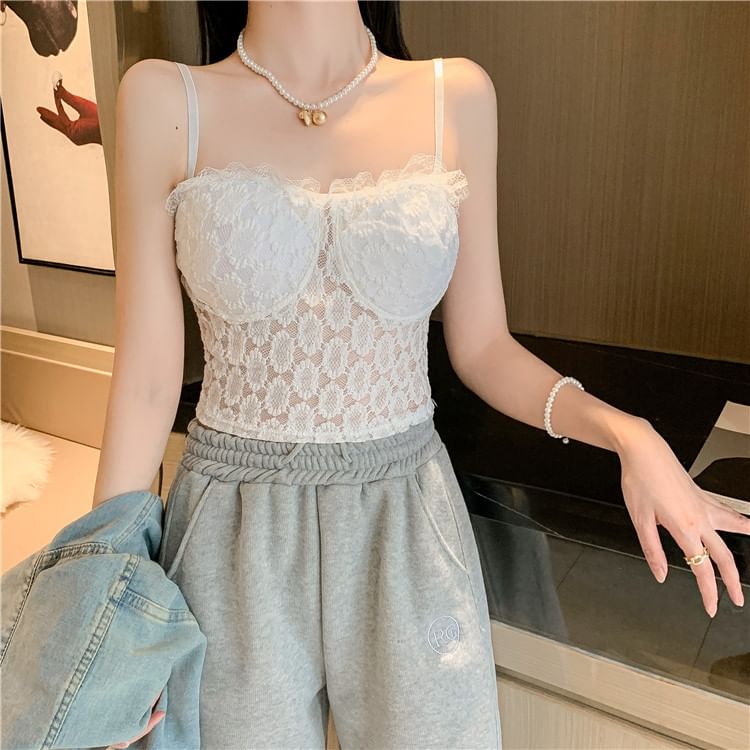 Floral Lace Trim Cropped Camisole SpreePicky