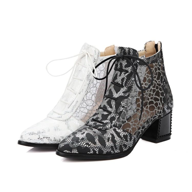 Chunky Heel Snake Skin Print Mesh Panel Lace SpreePicky