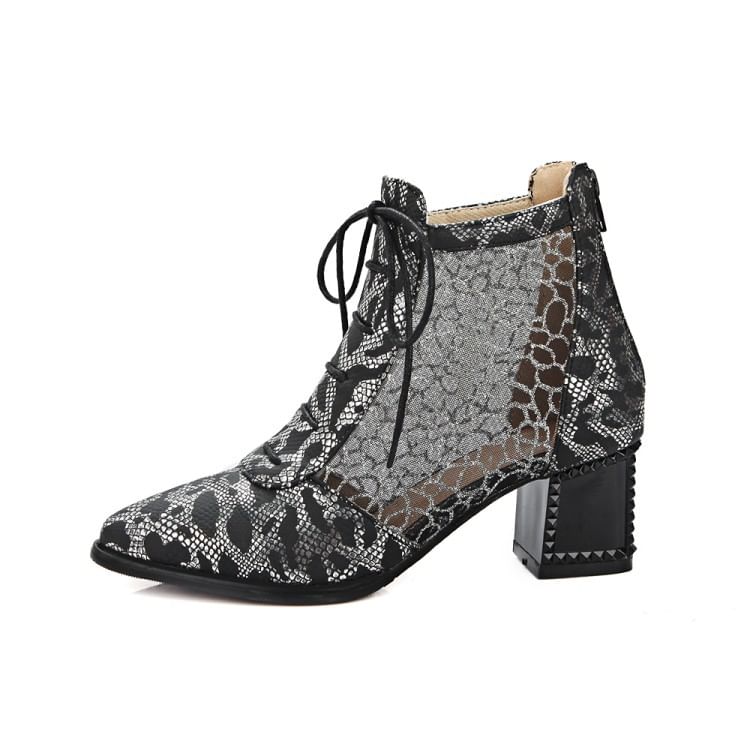 Chunky Heel Snake Skin Print Mesh Panel Lace SpreePicky