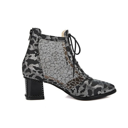 Chunky Heel Snake Skin Print Mesh Panel Lace SpreePicky