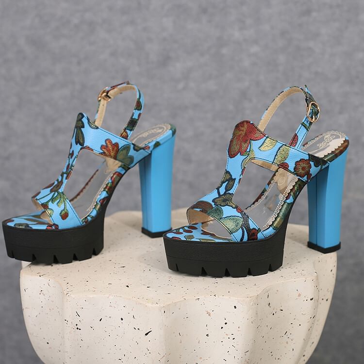 Chunky Heel Floral Print Faux Leather Slingback Sandals SpreePicky