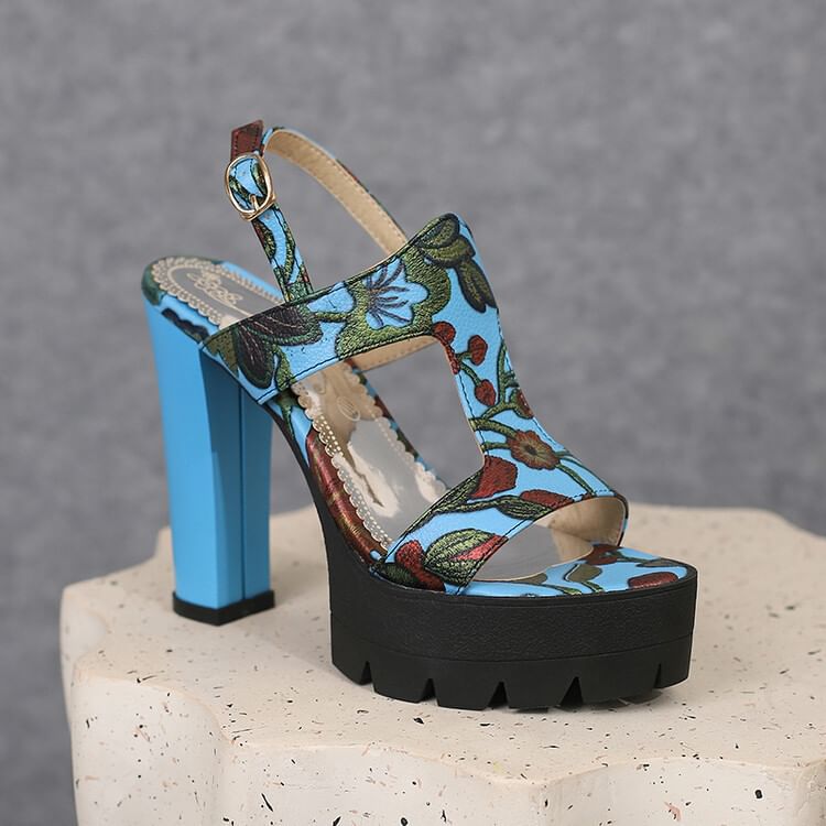 Chunky Heel Floral Print Faux Leather Slingback Sandals SpreePicky