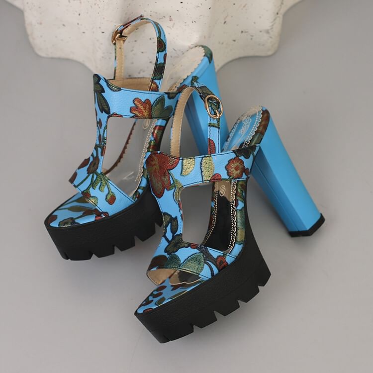 Chunky Heel Floral Print Faux Leather Slingback Sandals SpreePicky