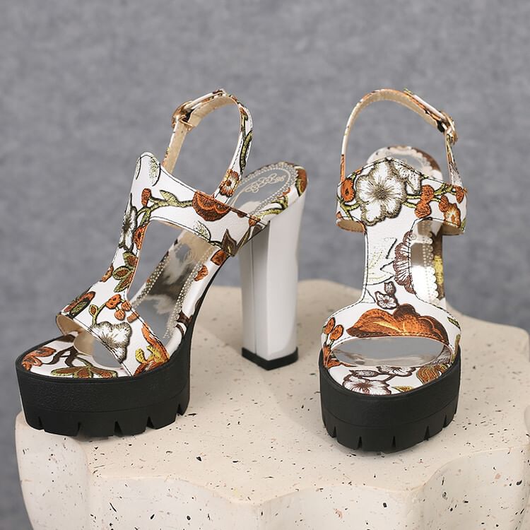 Chunky Heel Floral Print Faux Leather Slingback Sandals SpreePicky