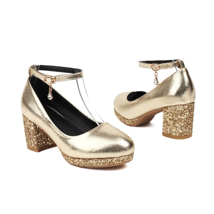 Chunky Heel Ankle Strap Sequin Pumps SpreePicky