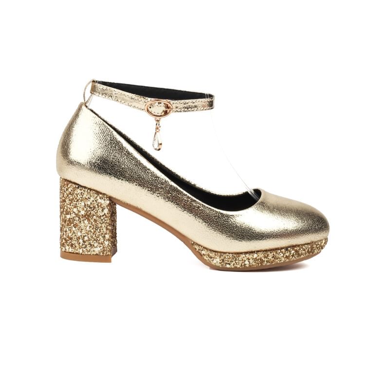 Chunky Heel Ankle Strap Sequin Pumps SpreePicky