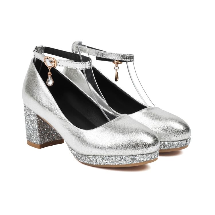 Chunky Heel Ankle Strap Sequin Pumps SpreePicky