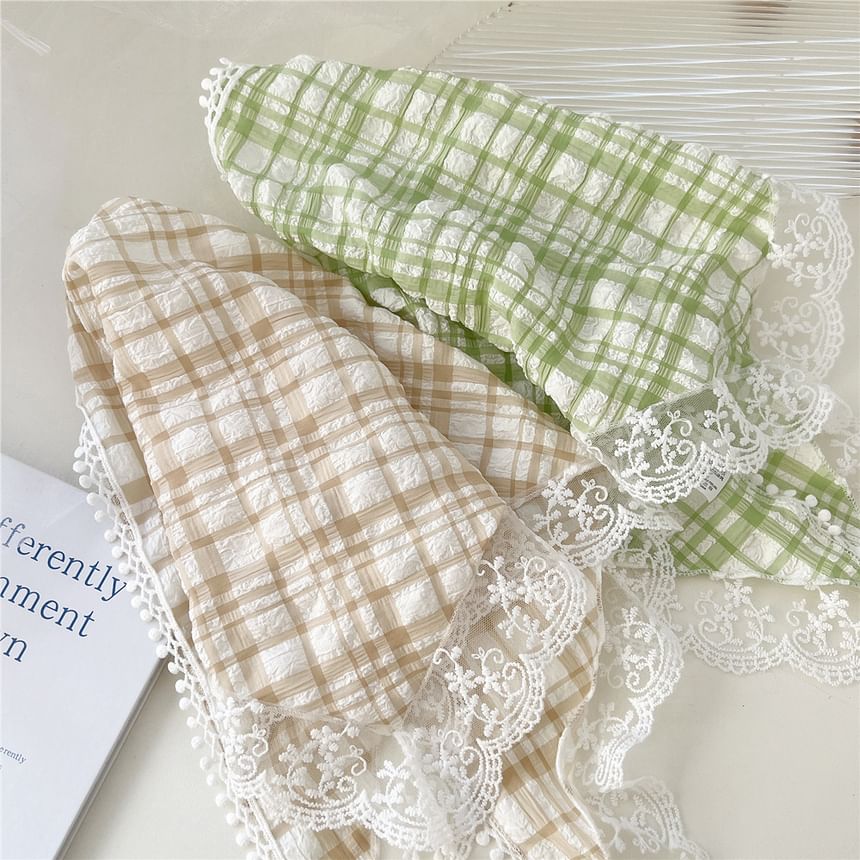 Plaid Lace Trim Headkerchief SpreePicky