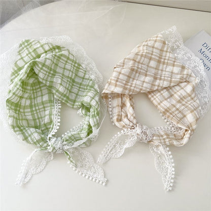 Plaid Lace Trim Headkerchief SpreePicky