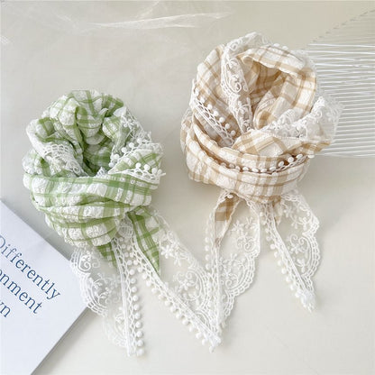 Plaid Lace Trim Headkerchief SpreePicky