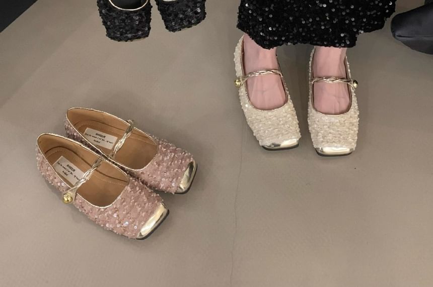 Square-Toe Sequined Mary Jane Shoes mySite