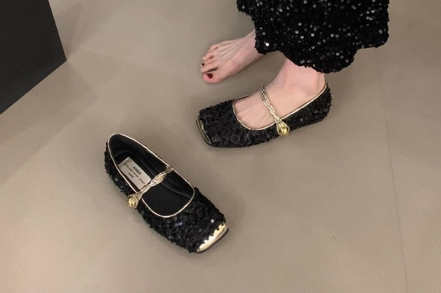 Square-Toe Sequined Mary Jane Shoes mySite