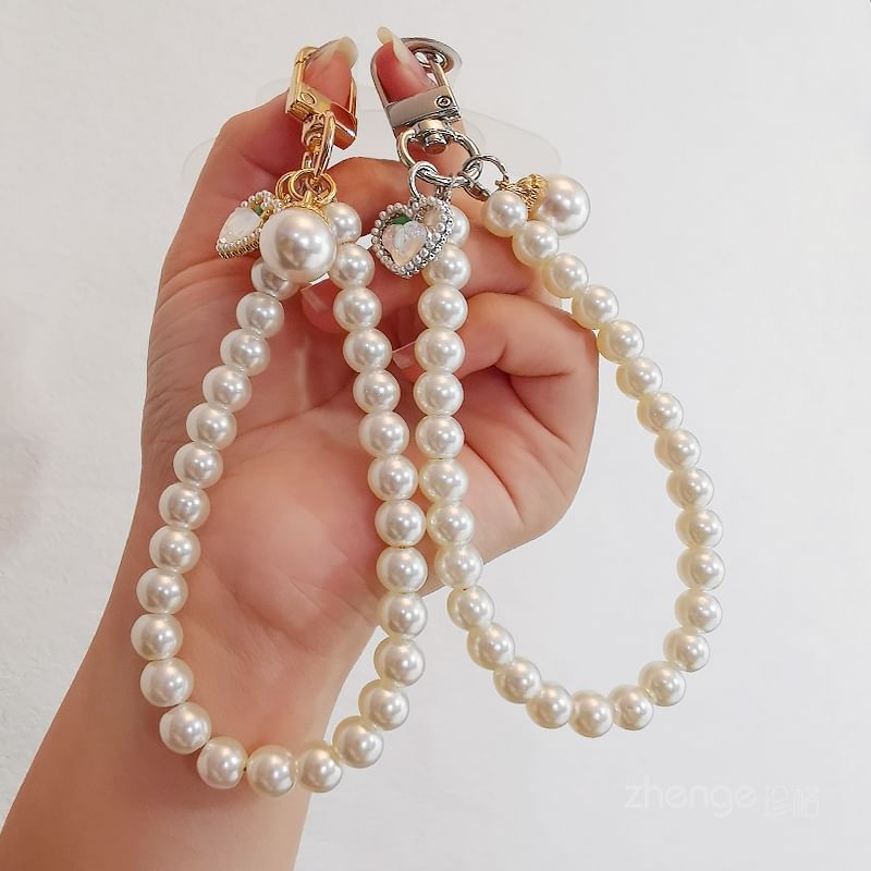 Peach Faux Pearl Phone Strap with Lanyard Pad SpreePicky