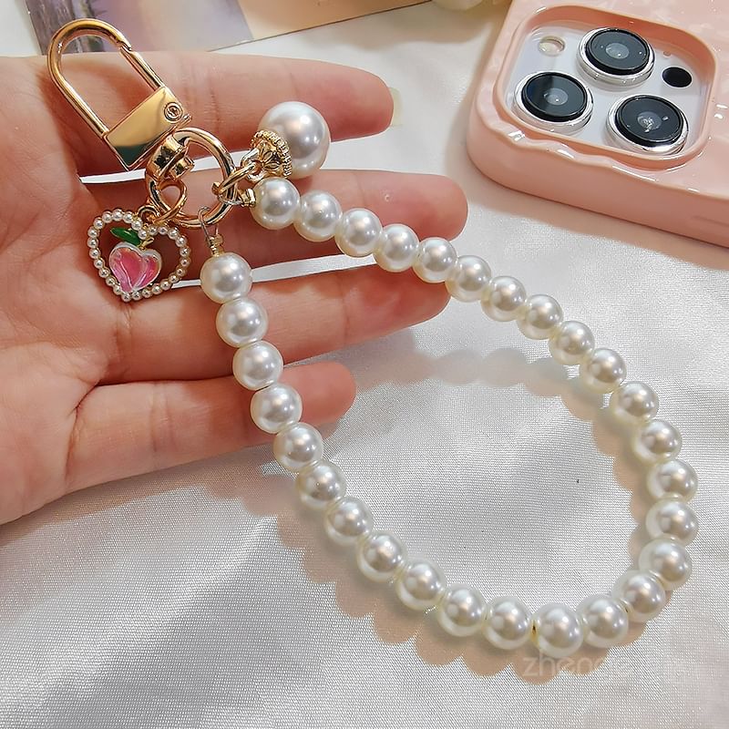 Peach Faux Pearl Phone Strap with Lanyard Pad SpreePicky