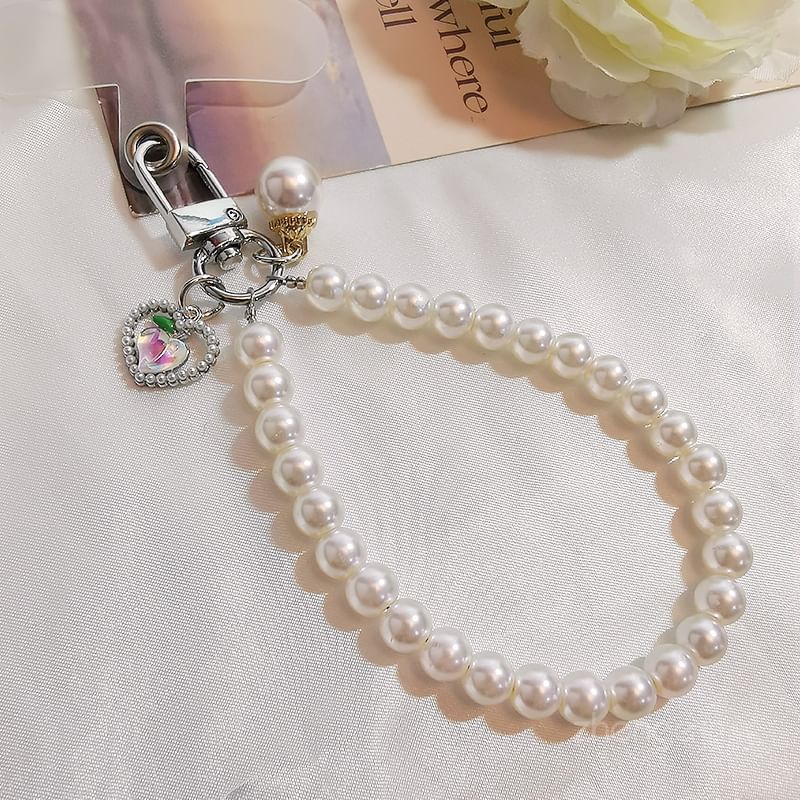 Peach Faux Pearl Phone Strap with Lanyard Pad SpreePicky