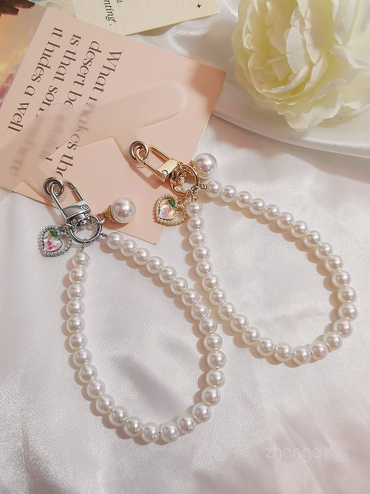 Peach Faux Pearl Phone Strap with Lanyard Pad SpreePicky