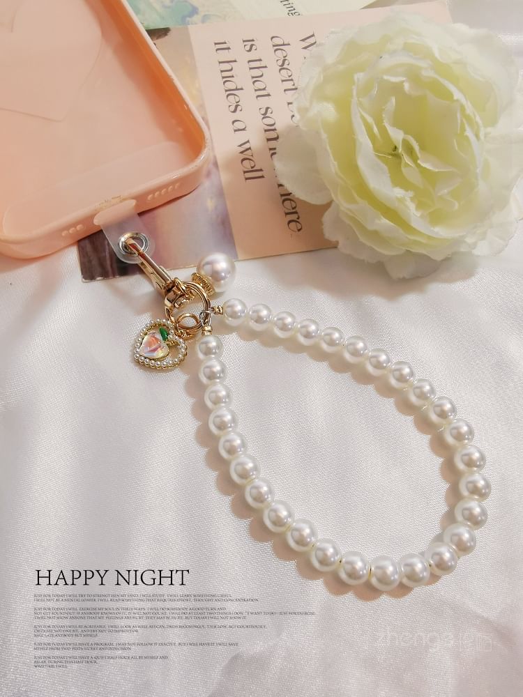 Peach Faux Pearl Phone Strap with Lanyard Pad SpreePicky