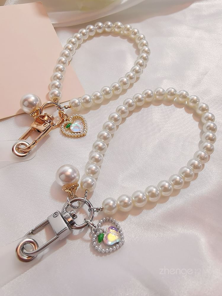 Peach Faux Pearl Phone Strap with Lanyard Pad SpreePicky