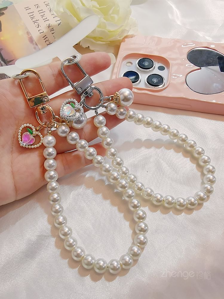 Peach Faux Pearl Phone Strap with Lanyard Pad SpreePicky