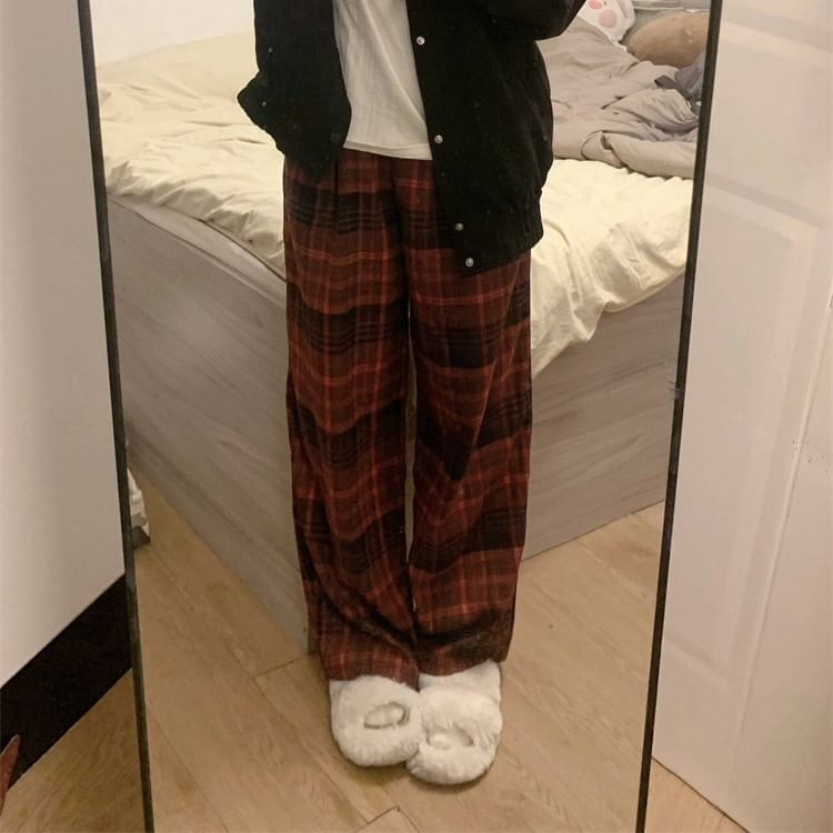 Mid Rise Plaid Wide Leg Pants SpreePicky