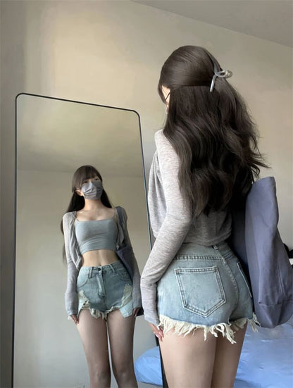 High Waist Distressed Denim Hot Pants SpreePicky