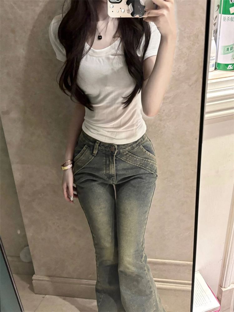 Mid Rise Washed Flared Jeans SpreePicky