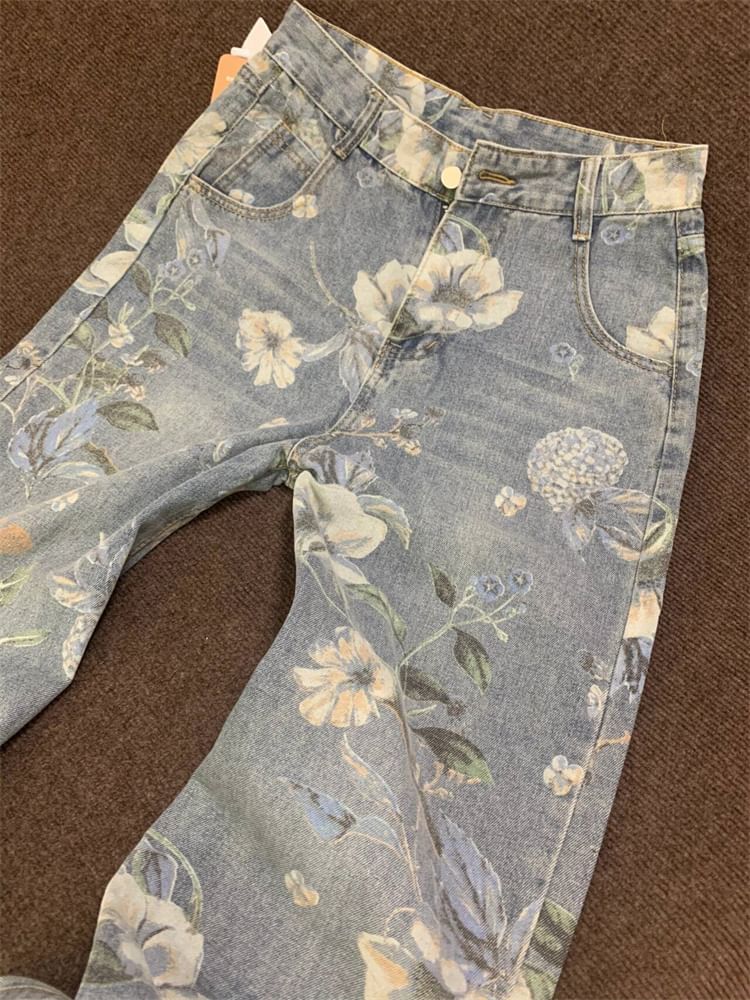 High Waist Floral Wide Leg Jeans SpreePicky