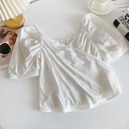 Puff Sleeve V-Neck Plain Ruched Blouse mySite