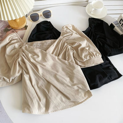 Puff Sleeve V-Neck Plain Ruched Blouse mySite