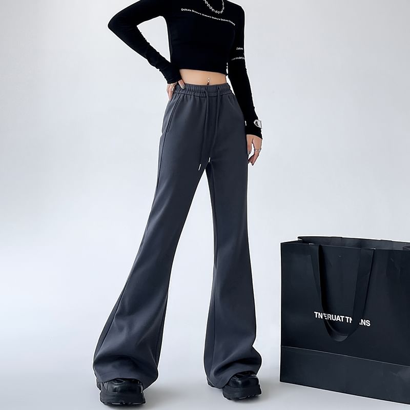 High Rise Plain Drawstring Flare Sweatpants SpreePicky