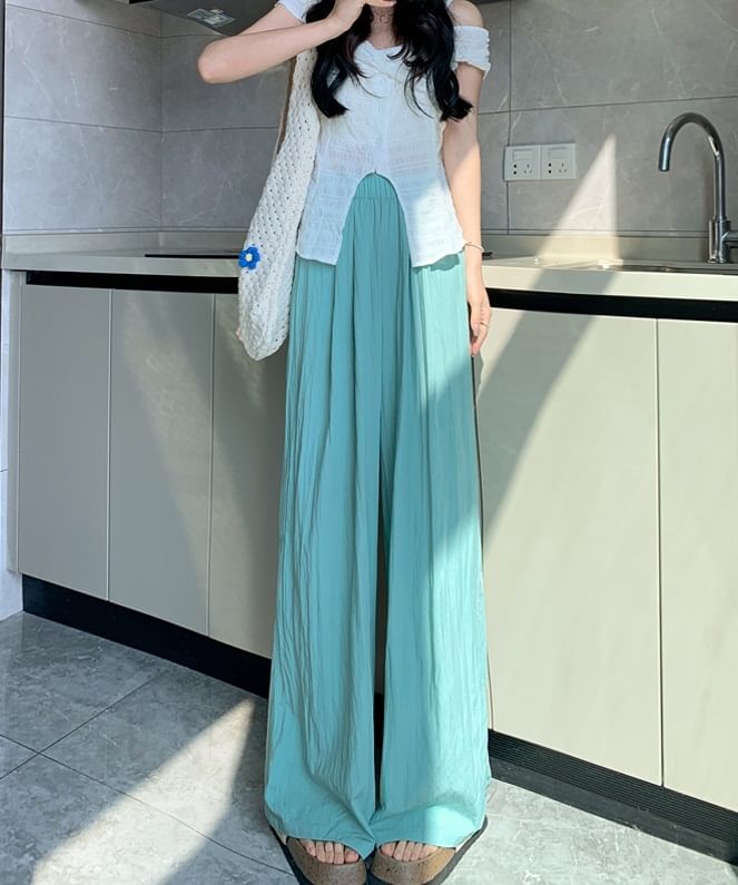 High Rise Plain Elastic Waist Wide Leg Pants SpreePicky