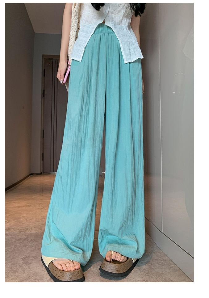 High Rise Plain Elastic Waist Wide Leg Pants SpreePicky