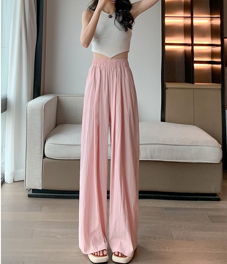 High Rise Plain Elastic Waist Wide Leg Pants SpreePicky