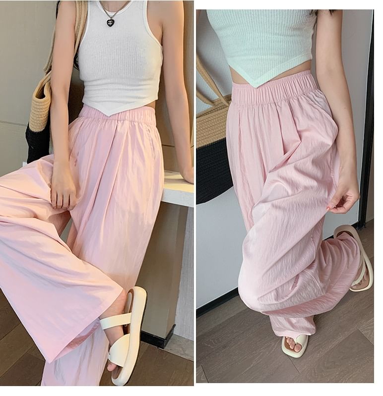 High Rise Plain Elastic Waist Wide Leg Pants SpreePicky