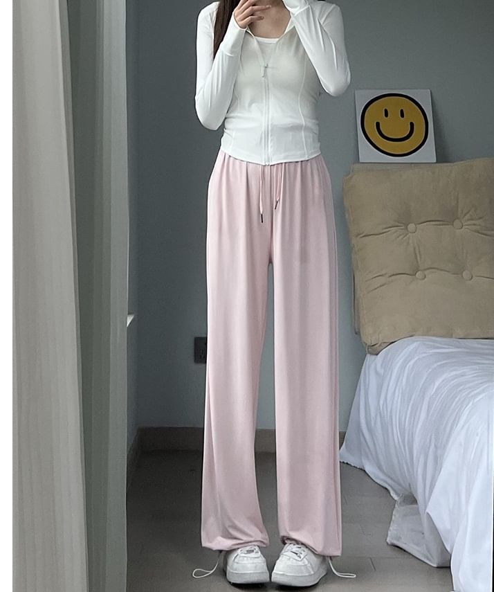 High Rise Plain Drawstring Gather Cuff Wide Leg Sweatpants SpreePicky