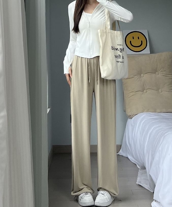 High Rise Plain Drawstring Gather Cuff Wide Leg Sweatpants SpreePicky