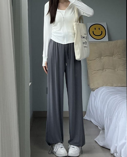 High Rise Plain Drawstring Gather Cuff Wide Leg Sweatpants SpreePicky