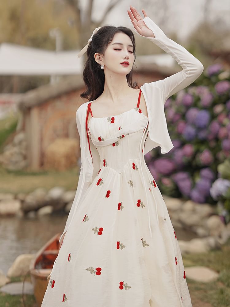 Set: Spaghetti Strap Floral Embroidered Midi A SpreePicky