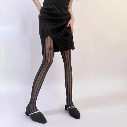 Striped Lace Trim Sheer Tights mySite