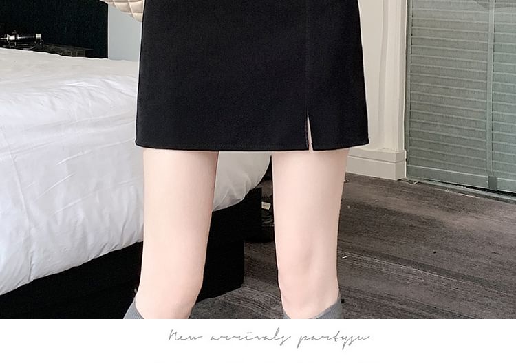 High Rise Plain Side-Slit Mini Pencil Skirt SpreePicky