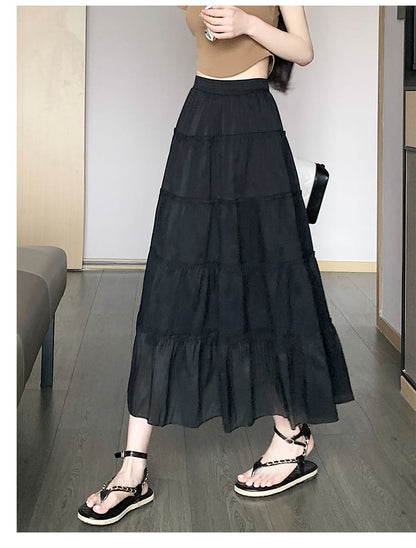 High Rise Plain Maxi A-Line Skirt SpreePicky